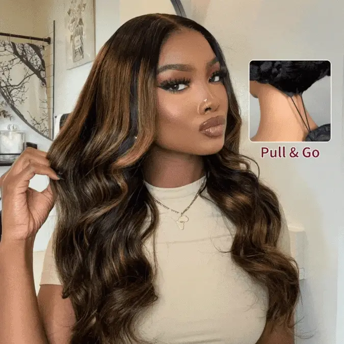 Extra 50% Off | Put On & Go Glueless 3D Body Wave Highlight Balayage Brown Invisible Drawstring 7*5/13*4 Lace Front Wig