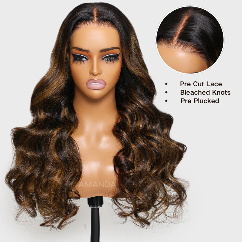 Glueless 3D Body Wave Highlight Balayage Brown 7x5/13x4 Transparent HD Full Lace Front Wig Flash Sale - Image 5