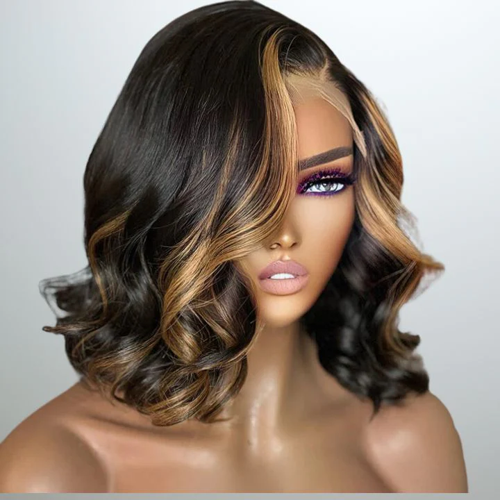 Glueless Highlight Honey Blonde Short Wavy 13x4 Lace Front Bob Wig Glueless Lace Human Hair Wig 180% Density - Amanda Hair - Image 2