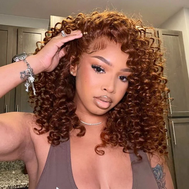 Glueless Lace Chocolate Reddish Brown Lace Front Deep Wave Wig 100% Human Hair Clear Transparent Lace Colored Wig- Amanda Hair
