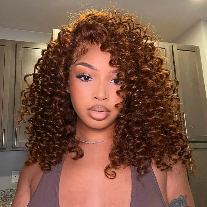 Glueless Lace Chocolate Reddish Brown Lace Front Deep Wave Wig 100% Human Hair Clear Transparent Lace Colored Wig- Amanda Hair - Image 2