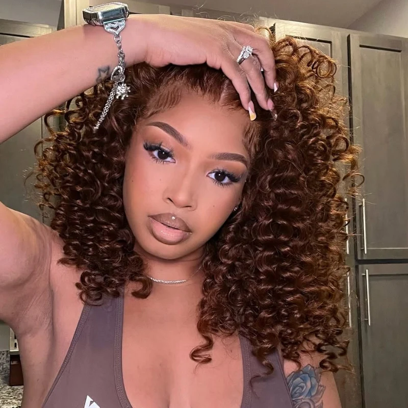 Glueless Lace Chocolate Reddish Brown Lace Front Deep Wave Wig 100% Human Hair Clear Transparent Lace Colored Wig- Amanda Hair - Image 4