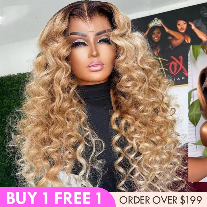 Glueless Ombre Honey Blonde Colored Deep Wave Transparent 180% Density 13x4 Lace Front  Human Hair Wigs  Human Hair Wigs for Women-Amanda Hair