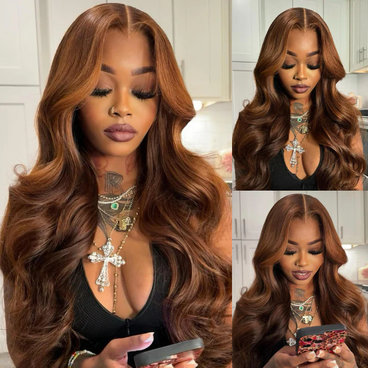 Highlight Light Brown Glueless 7x5 / 13x4 Lace Front Wig Human Hair Loose Wave Clear Transparent Lace Front Colored Wigs Human Hair Pre Plucked  - Amanda Hair