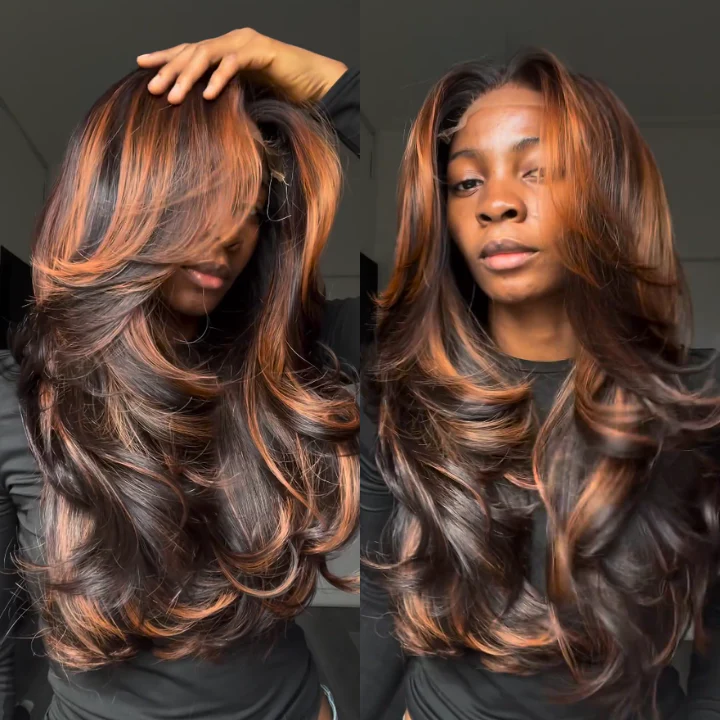 Highlight Ginger Brown 6x4/13x4 Lace Loose Wave Wigs with Curtain Bangs Human Hair Undetectable Clear Transparent Lace Wigs - Image 2
