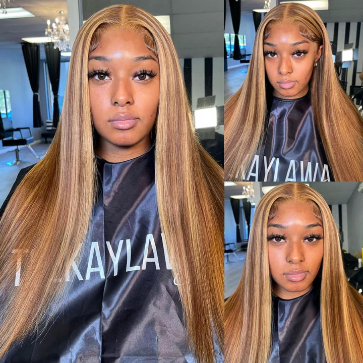 Honey Blonde Highlight Wig Straight Glueless Put On and Go Lace Front Human Hair Wigs 180% Density
