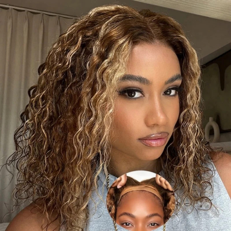 Honey Blonde Highlight Short Bob Wig Water Wave Colored Pre Everything Glueless Lace Front Wig Flash Sale