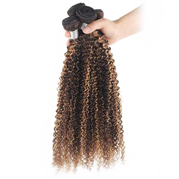 Kinky Curly Hair With Closure 3 Bundles With Closure Brown Ombre Honey Blonde Brazilian Hair Extensions  (P4/27) - Image 2