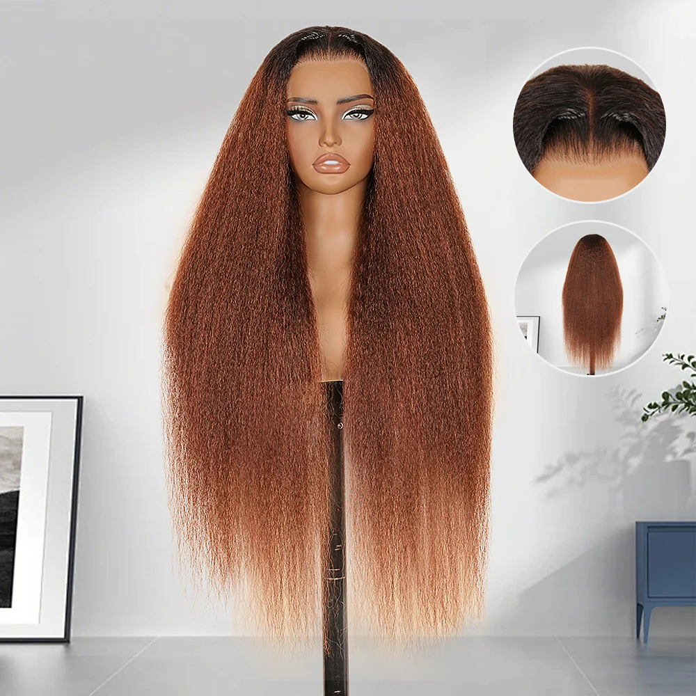Kinky Straight Reddish Brown / Highlight Brown / Natural Color 13x4 Transparent Lace Front Wigs 100% Human Hair Wigs - Image 3