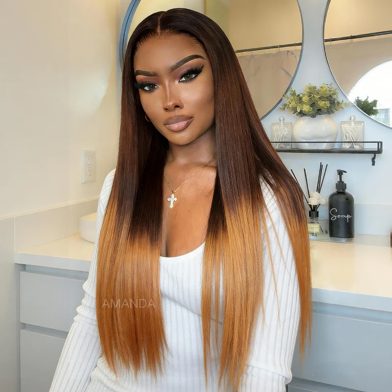 Luxury Yaki Straight 200% Density Dark Brown to Honey Blonde Ombre Color Glueless Human Hair Wig - Amanda Hair