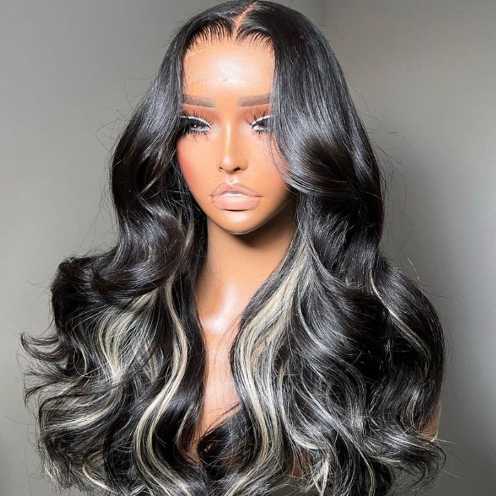 Money Piece Light Blonde Mix Black Color Body Wave 7x5 / 13x4 Lace Frontal Glueless Lace Human Hair Wig -Amanda Hair