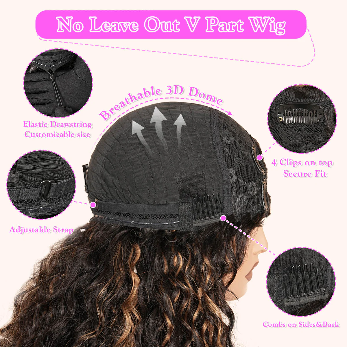 V Part Ombre Highlights Brown Water Wave Wig Hand-woven Invisible Drawstring Glue-free 100% Human Hair Beginner-friendly Flash Sale - Amanda Hair - Image 7