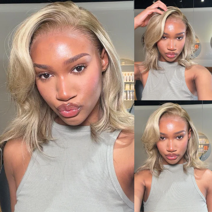Ombre Ash Blonde Straight Short Bob 180% Density Transparent Lace Frontal Glueless Wigs Flash Sale -Amanda Hair