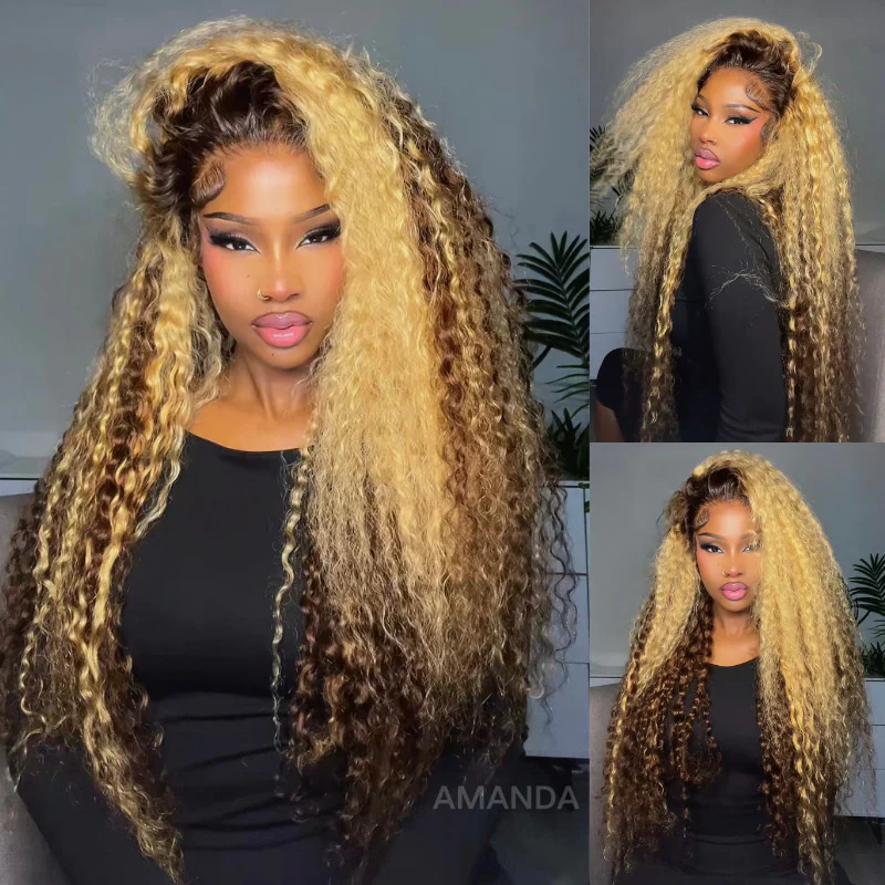 Pre-Everything Money Piece Highlight Deep Curly Glueless HD Lace Wig with Brown Roots
