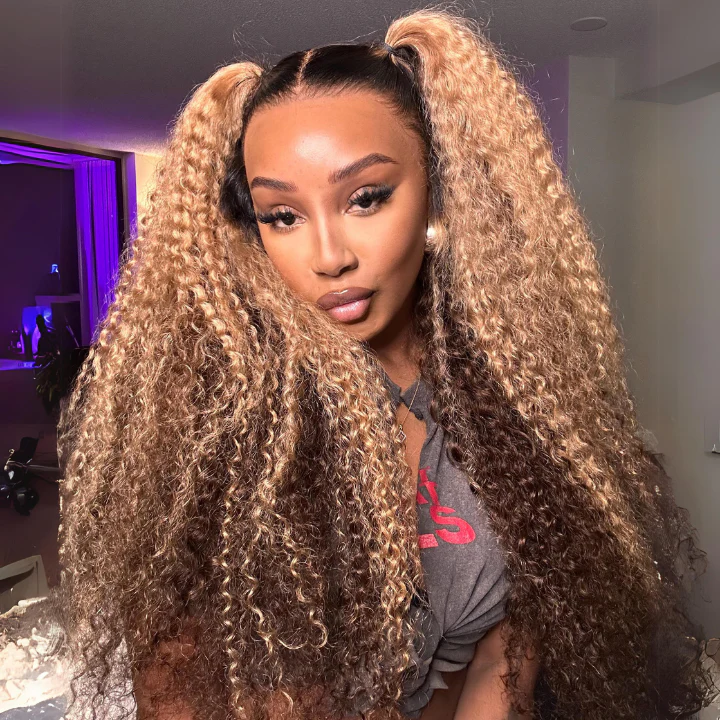Pre-Everything Money Piece Highlight Deep Curly Glueless HD Lace Wig with Brown Roots - Image 2