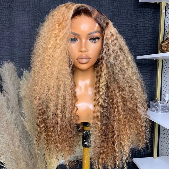 Pre-Everything Money Piece Highlight Deep Curly Glueless HD Lace Wig with Brown Roots - Image 3