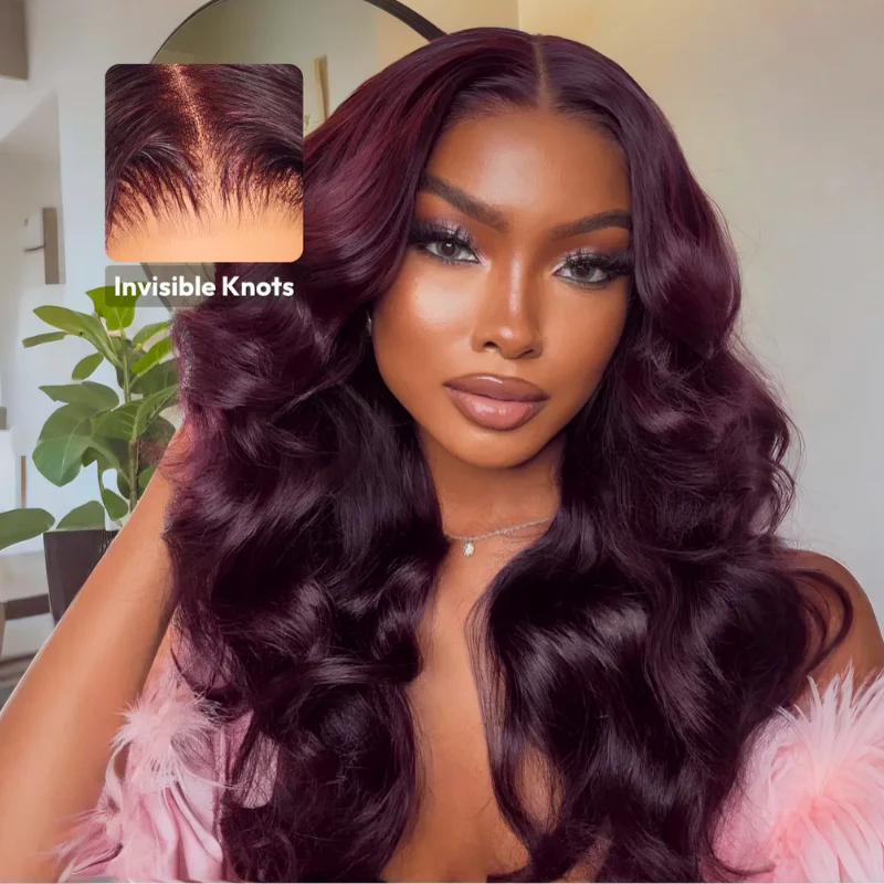 Glueless Dark Purple 13x4 Lace Front 200% Density Double Drawn Cherry Burgundy Invisi Drawstring Human Hair Wigs