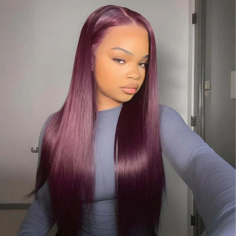 Glueless Dark Purple 13x4 Lace Front 200% Density Double Drawn Cherry Burgundy Invisi Drawstring Human Hair Wigs - Image 5