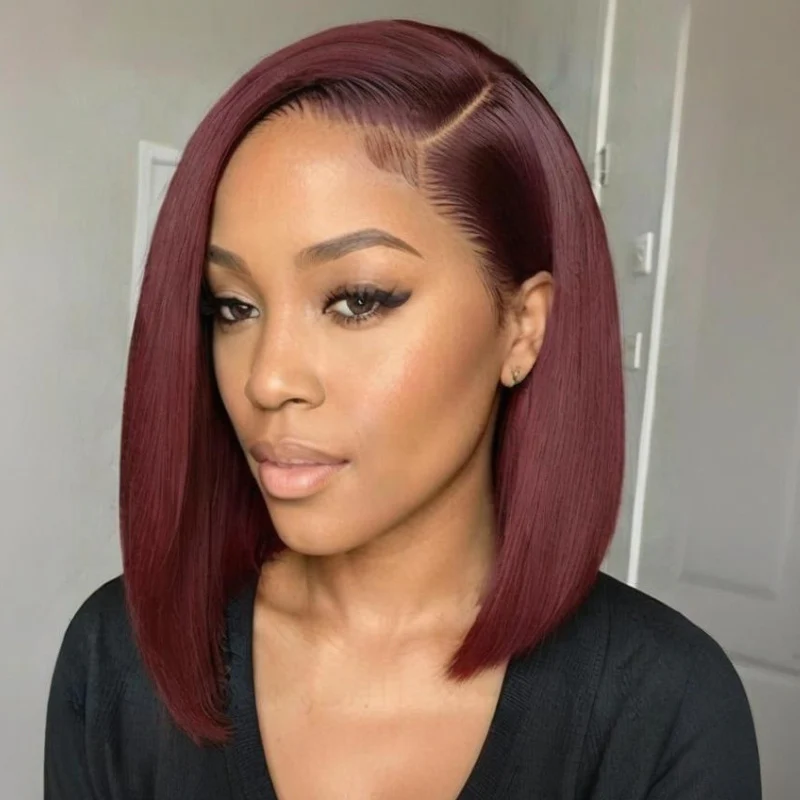 Short Bob 13x4 Lace Front Wig Burgundy 99J Straight Bob Wig 100% Human Hair For Black Women-Amanda Hair