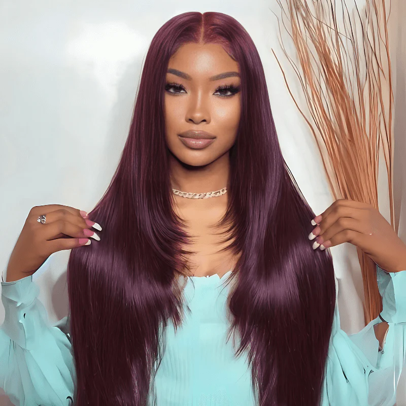 Straight 7x5 / 13x4 Lace Frontal Glueless Dark Purple Cherry Burgundy Wig Invisi Drawstring Human Hair Wigs-Amanda Hair