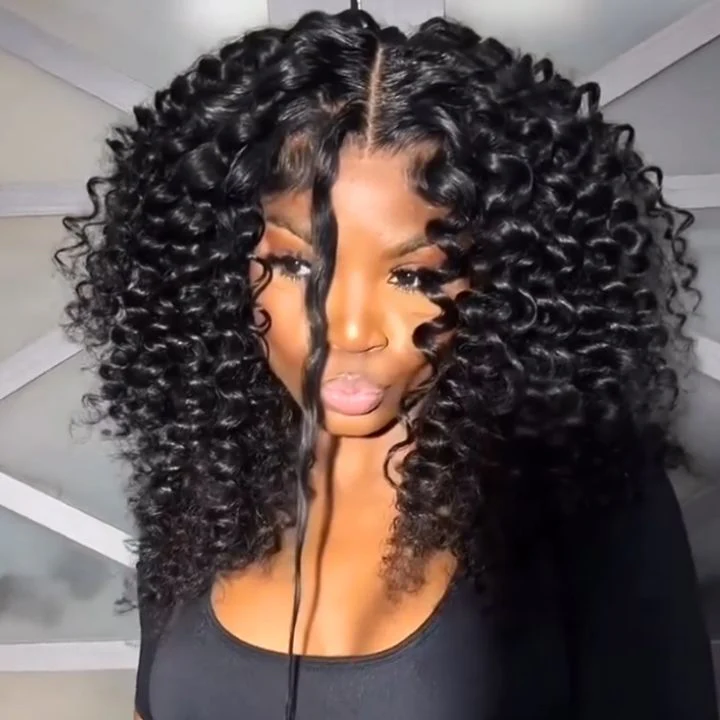 Super Bouncy Deep Curly Glueless Lace Wig Pre Cut Lace with Natural Hairline Mini Knots  Human Hair Clear Transparent Lace Front/Closure Wig Natural Black  - Amanda Hair - Image 2