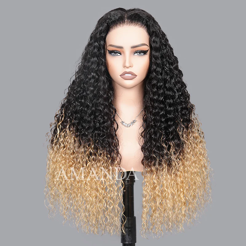 Two Tone Ombre Honey Blonde Glueless Curly Clear HD Lace Front Colored Wig - Image 5