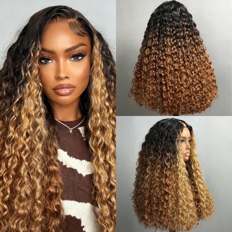 V Part Ombre Highlights Brown Water Wave Wig Hand-woven Invisible Drawstring Glue-free 100% Human Hair Beginner-friendly Flash Sale - Amanda Hair - Image 2