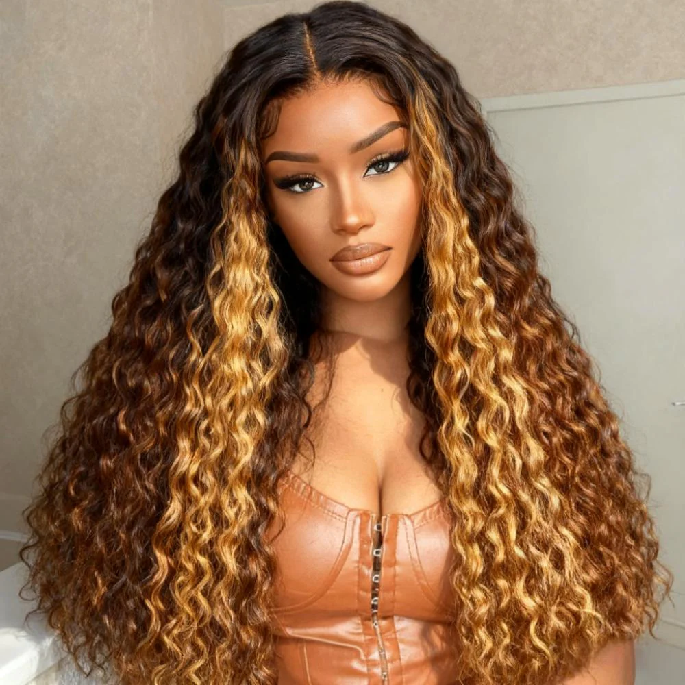 V Part Ombre Highlights Brown Water Wave Wig Hand-woven Invisible Drawstring Glue-free 100% Human Hair Beginner-friendly Flash Sale - Amanda Hair - Image 4