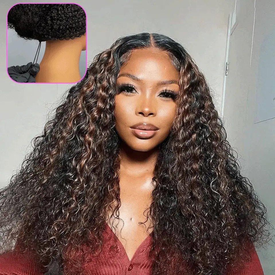V Part Highlight Brown Water Wave Wig Handwoven Invisible Drawstring Glueless 100% Human Hair  Beginner Friendly Flash Sale-Amanda Hair