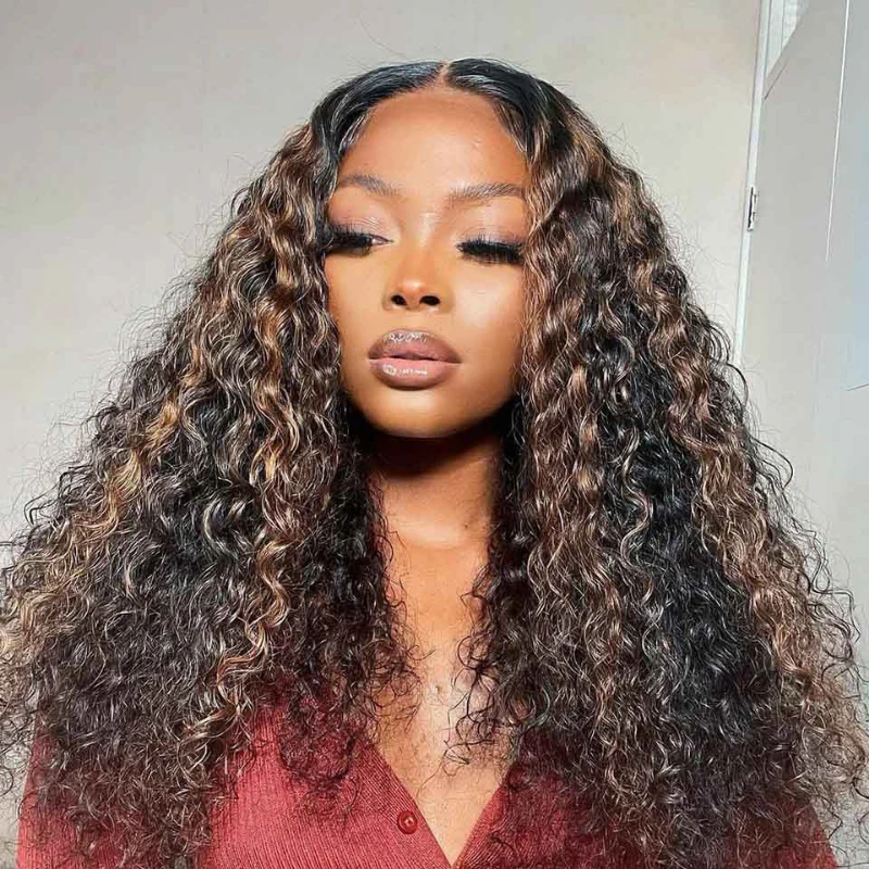 V Part Highlight Brown Water Wave Wig Handwoven Invisible Drawstring Glueless 100% Human Hair  Beginner Friendly Flash Sale-Amanda Hair - Image 2