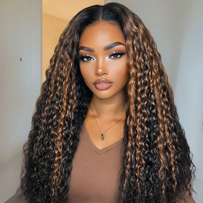 V Part Highlight Brown Water Wave Wig Handwoven Invisible Drawstring Glueless 100% Human Hair  Beginner Friendly Flash Sale-Amanda Hair - Image 3