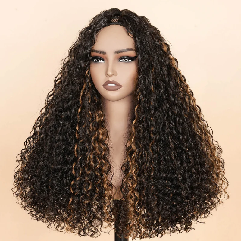 V Part Highlight Brown Water Wave Wig Handwoven Invisible Drawstring Glueless 100% Human Hair  Beginner Friendly Flash Sale-Amanda Hair - Image 4