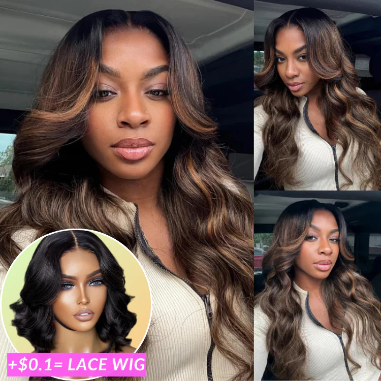 Wow $0.1 Lace Wig| Glueless 3D Body Wave Highlight Balayage Brown Put On & Go Invisible Drawstring Transparent HD Lace Wig Flash Sale