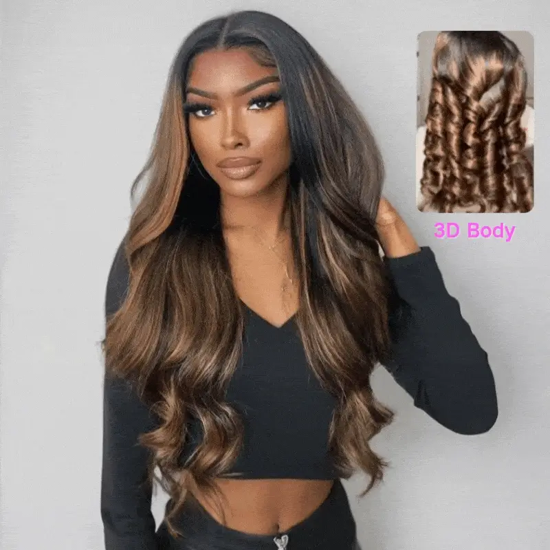 Extra 50% Off | Put On & Go Glueless 3D Body Wave Highlight Balayage Brown Invisible Drawstring 7*5/13*4 Lace Front Wig - Image 2