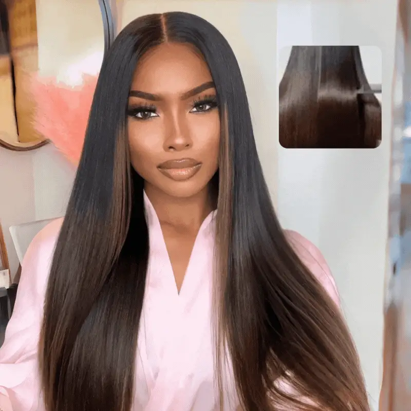 Yaki Straight New V Part Wig Chestnut Brown Ombre Color Glueless Human Hair Wig - Amanda Hair