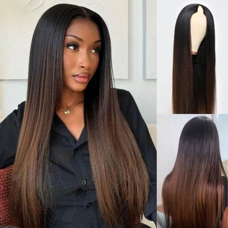 Yaki Straight New V Part Wig Chestnut Brown Ombre Color Glueless Human Hair Wig - Amanda Hair - Image 2
